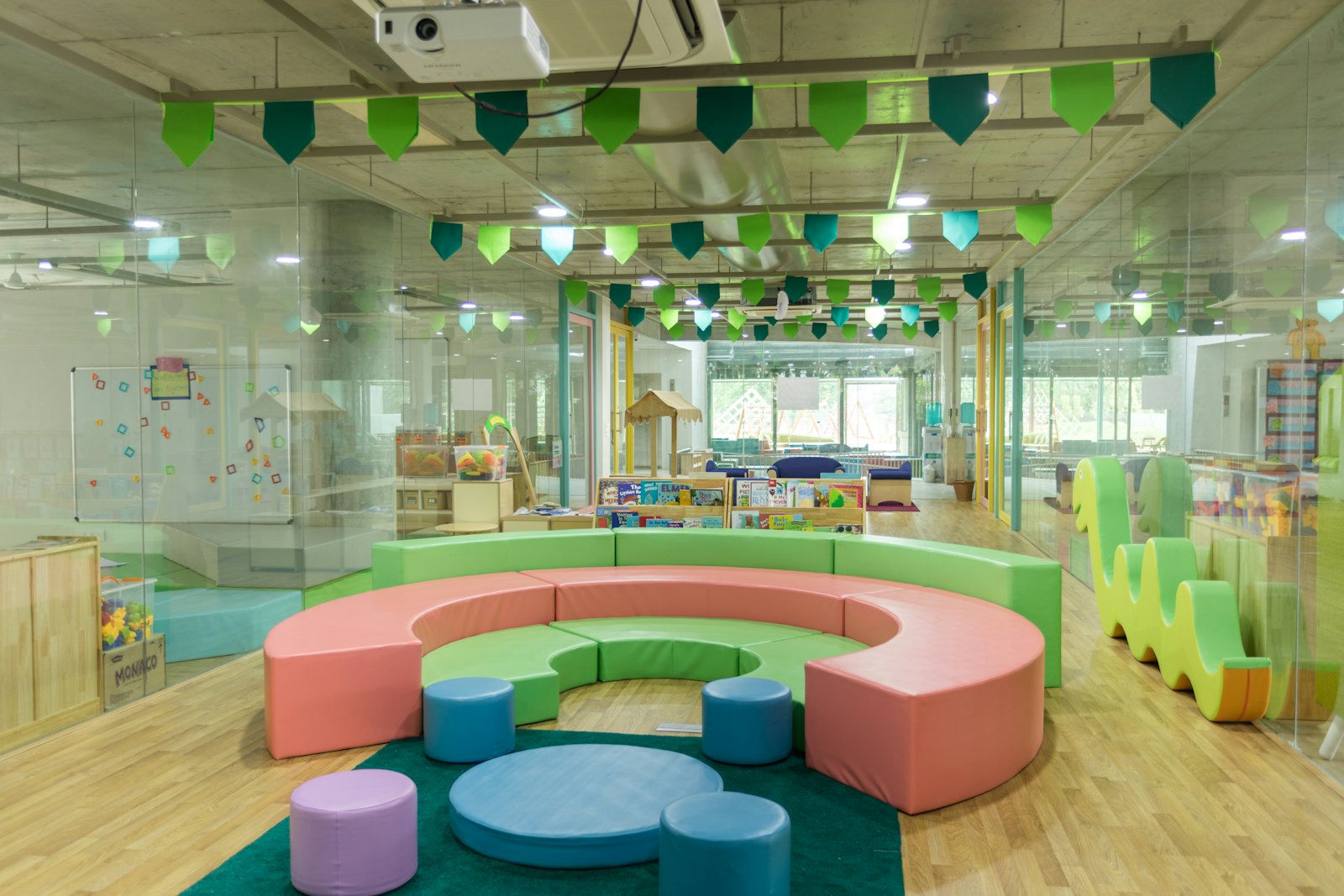A bright, colourful childcare centre room